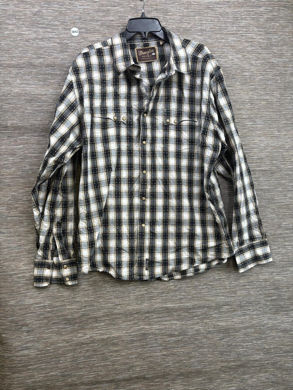 Wrangler Retro Shirt Mens 2XL Beige Black Plaid Snap Front Long Sleeve Western